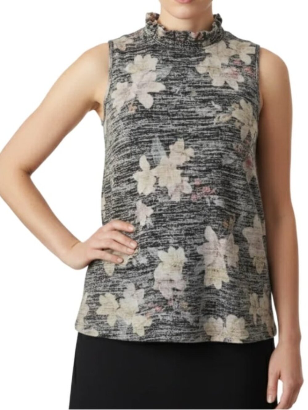 Cupio Blush Sleeveless Top Floral Ruffled Neckline Stretch Womens Size Large